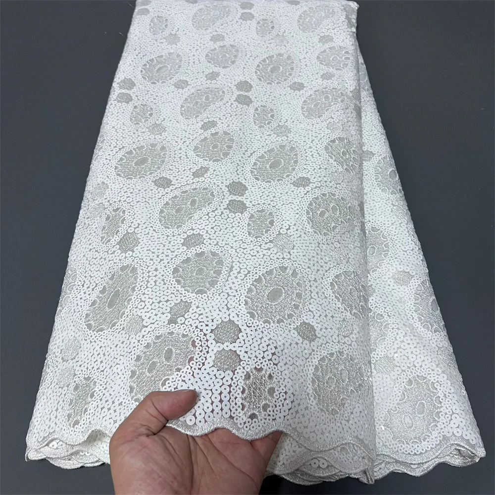 

2025 High Quality Embroidery African Nigerian With Sequins Tulle Lace Fabric Sewing Net Cloth Prom Dresses Beads 5Yards ZJ086