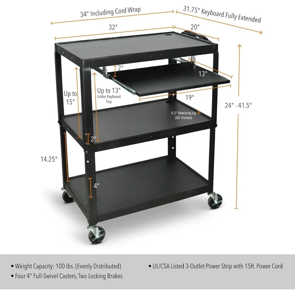 Rolling AV Cart - Adjustable Shelf Height Computer Stand Workstation, Includes Pullout Keyboard Tray,  Carts with Lockable Wheel