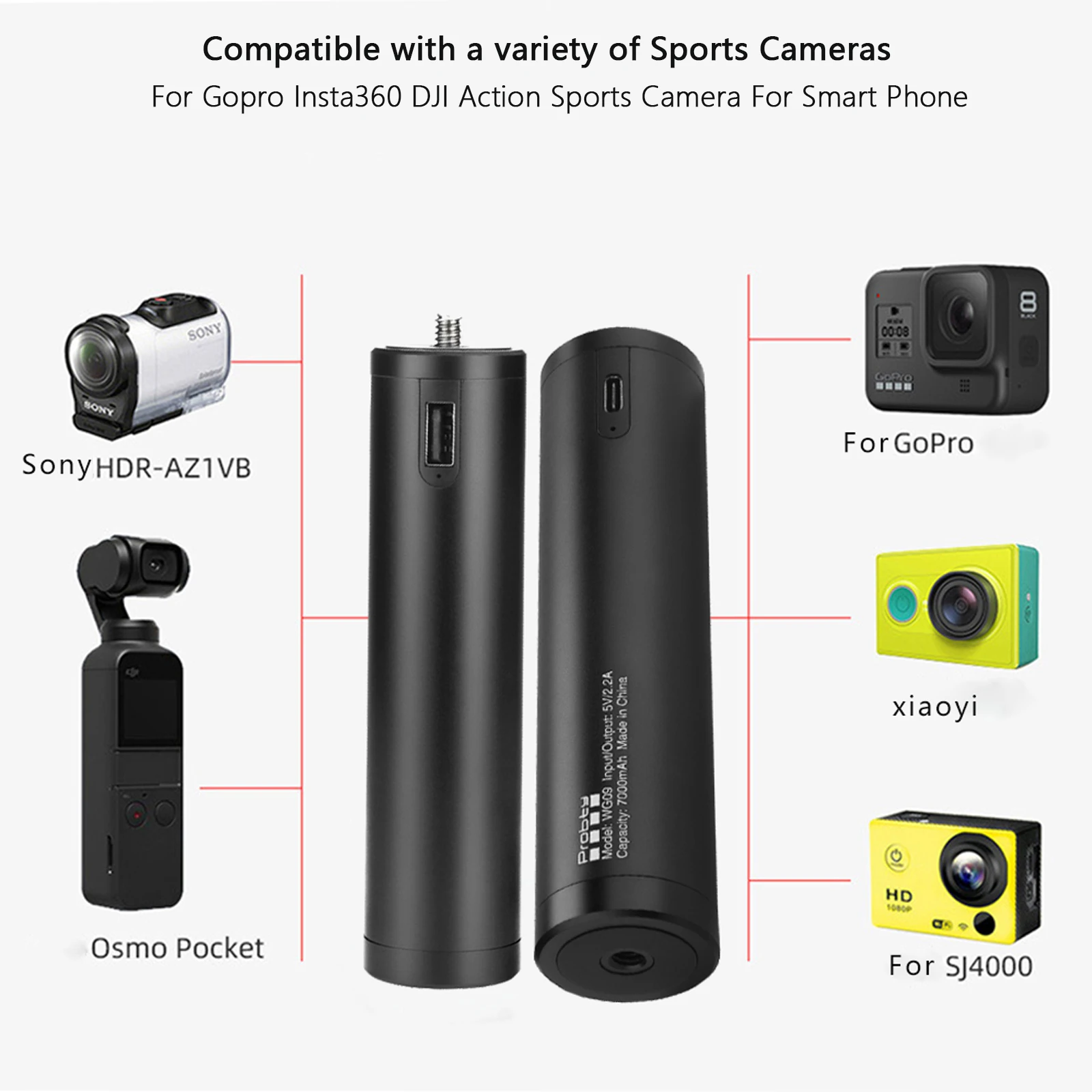 7000mAh パワーバンク充電器ハンドル、ミニ三脚付き、Gopro Hero 9 10 11 12 13 insta360 X3/X4 に適しています。