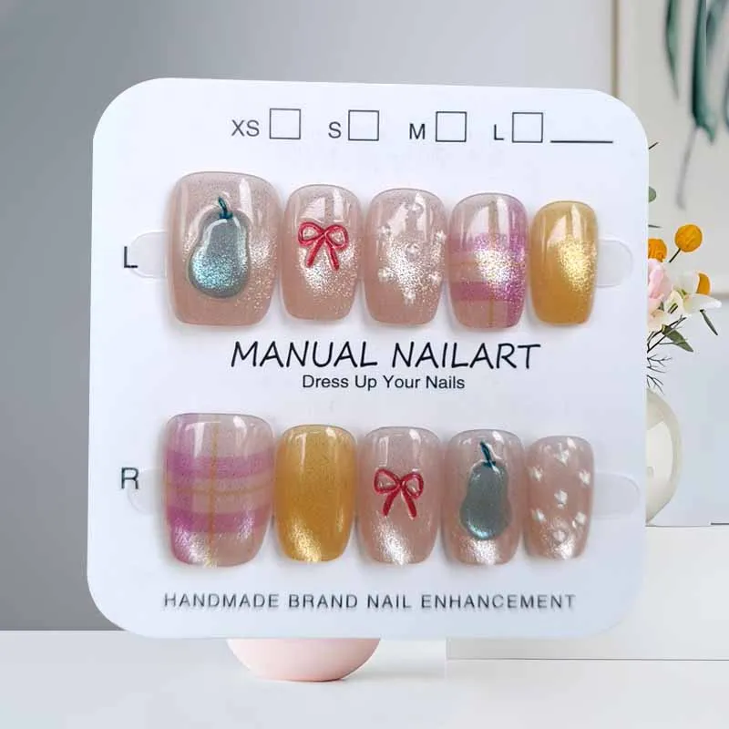 10 Pcs 3D Colorful Cat Eye's Pear Cute Bowknot and Lovely Strawberry Nail Stickers Short Nail Patch Press on Nails False Nails