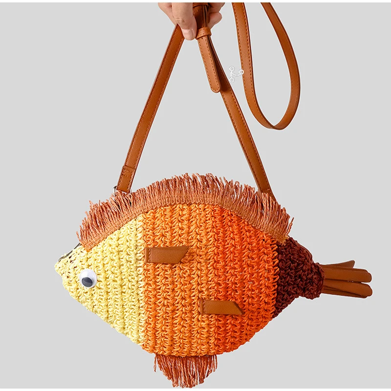 

Креативная дизайнерская сумка в форме рыбы, летняя соломенная сумка контрастного цвета ручной работы, винтажная брендовая милая модная сумка-мессенджер Popula