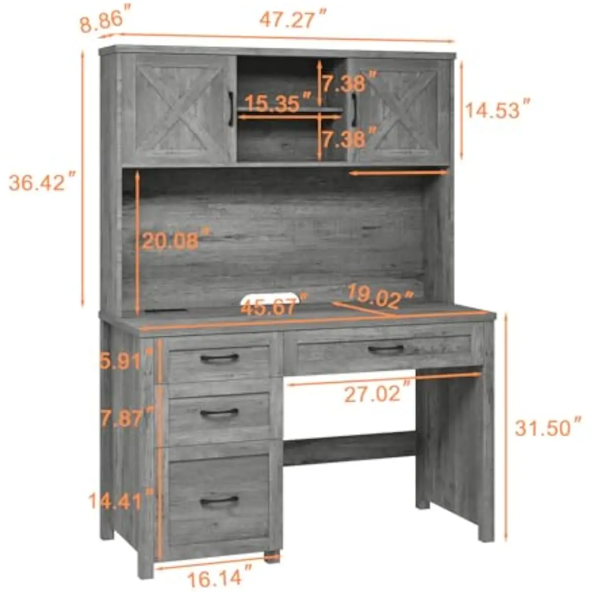 Rustic 67.9 Inch Tall Executive Computer Desk with Barn Door Hutch Storage Cabinets Sliding Drawers Cubbies Charging Hub LED Lig