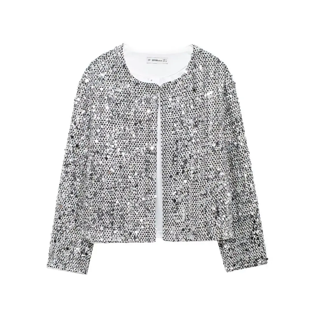 TRAFZA Autumn Woman O-Neck Long Sleeve Casual Slim Jacket Coats 2024 Women Silver Shiny Sequins Decorate Loose Outerwear