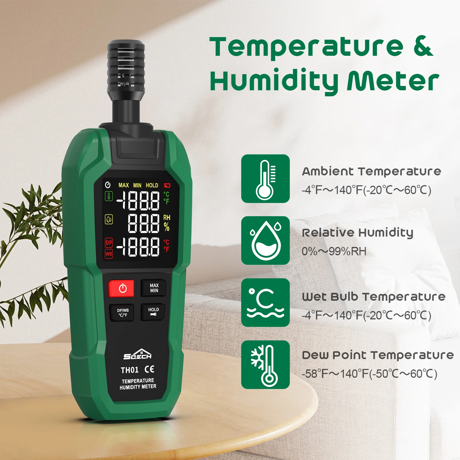 

Professional Digital Thermohygrometer Handheld Temperature Humidity Tester Industrial Hygrometer, Dew-Point Wet-Bulb Temperature