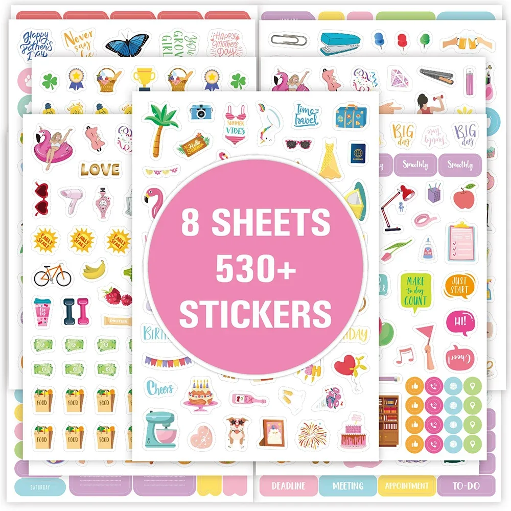 

530pcs Cartoon Plan Stickers Holiday Daily Handbook Scrapbook Decoration Stickers Stationery
