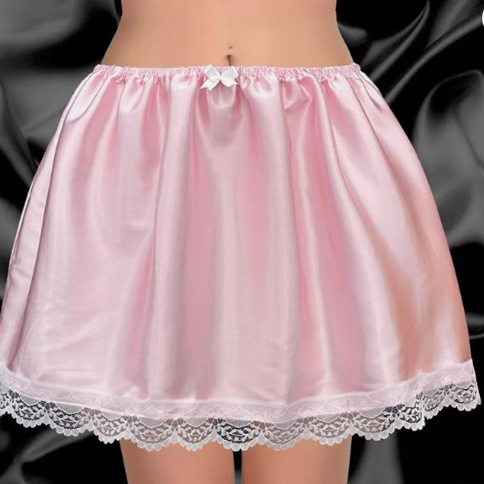 Women A-Line Short Skirt Lace Trim Solid Color Bow Puffy Drape Elastic Waistband Mini Skirt