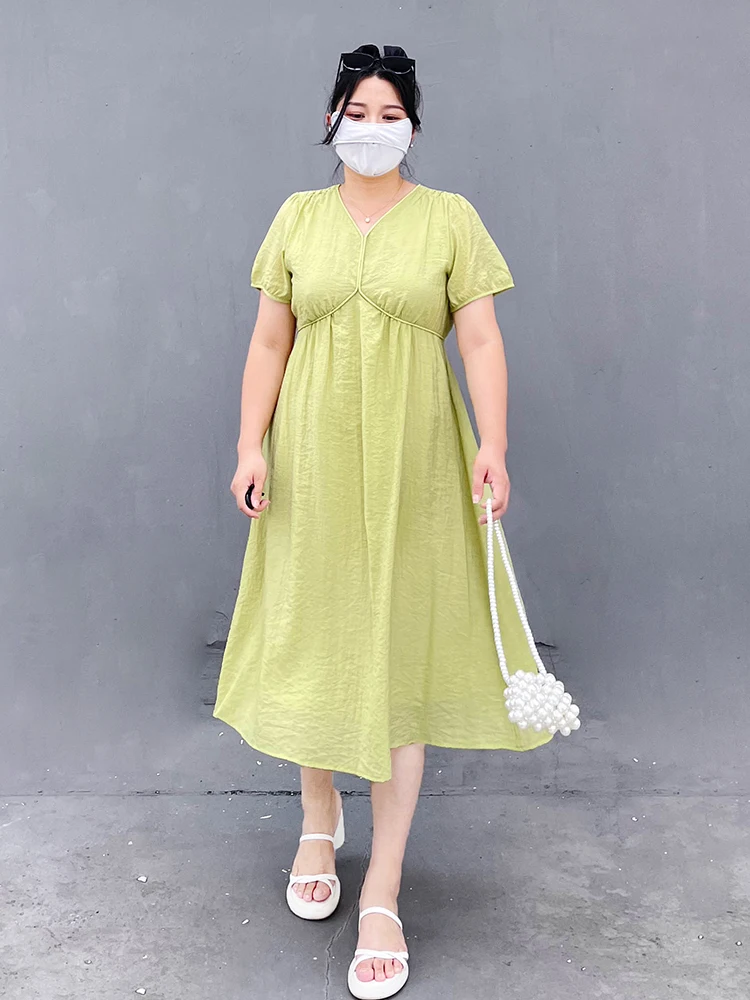 

Летнее женское платье больших размеров, свободного кроя, с коротким рукавом, А-силуэт, юбка-фея, скрывающая живот, с высокой талией, V-образным вырезом, из полиэфирного волокна