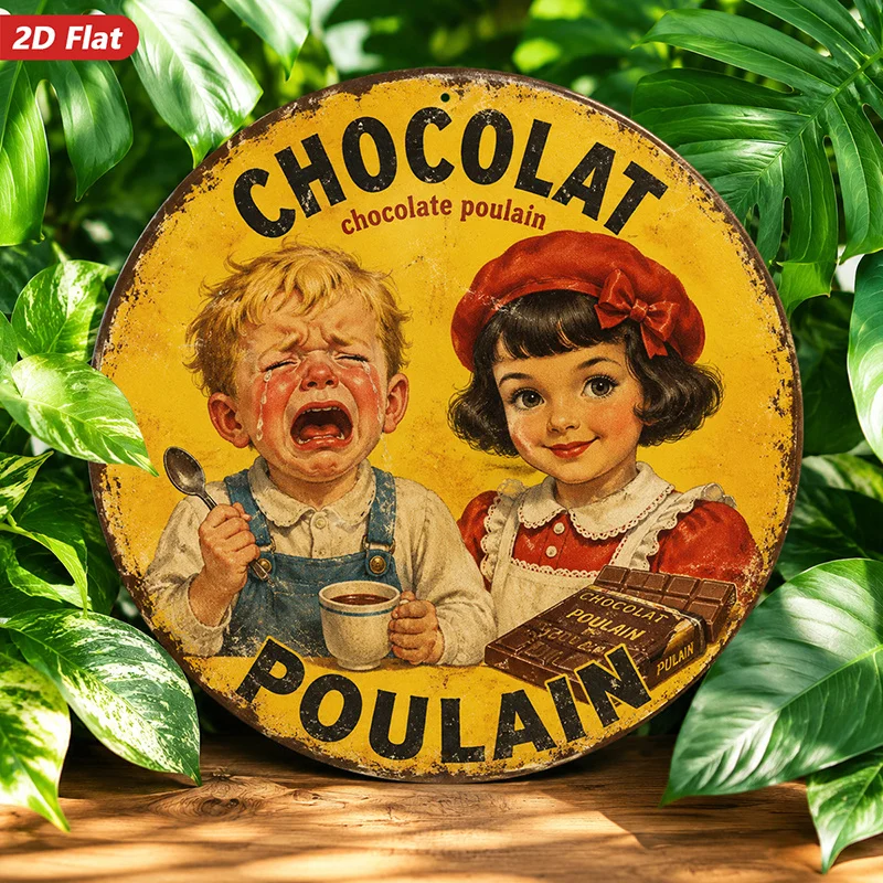 2D Flat, 1pc Vintage Chocolate Art Round Metal Sign Wall Art, Chocolat Poulain, Retro Portrait, Ideal for Workspace Living Room