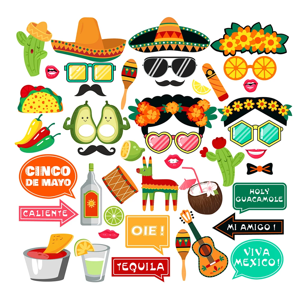 44pcs Mexico Cinco De Mayo Photo Booth Props Decoration Glasses Lips Mask DIY Handled Photography Props Mexican Party Supplies