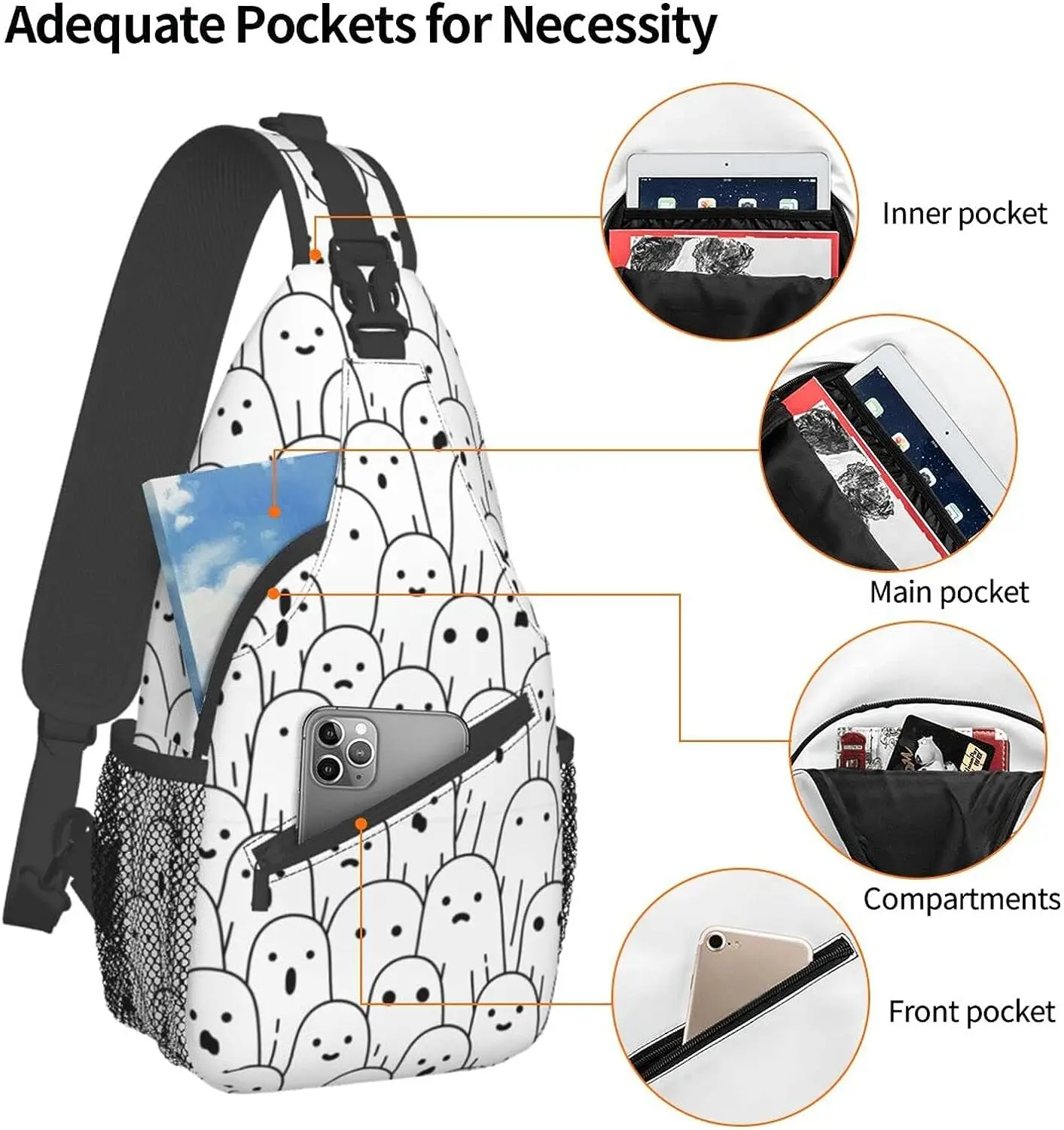 Halloween Cute Ghosts Sling Bag Crossbody Backpack Sling Backpack Shoulder Bag Casual Daypacks for Women Men Cycling Hiking