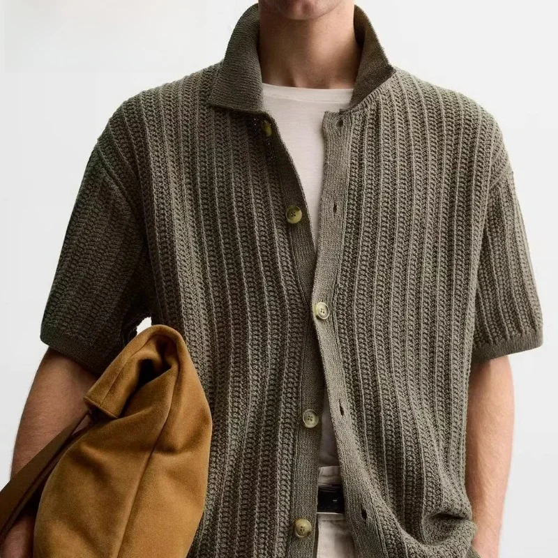 

Spring New Men's Knitted Hollow Texture Thin ort Sve irt Straight Collar Casual Faion Chinese Production 2025
