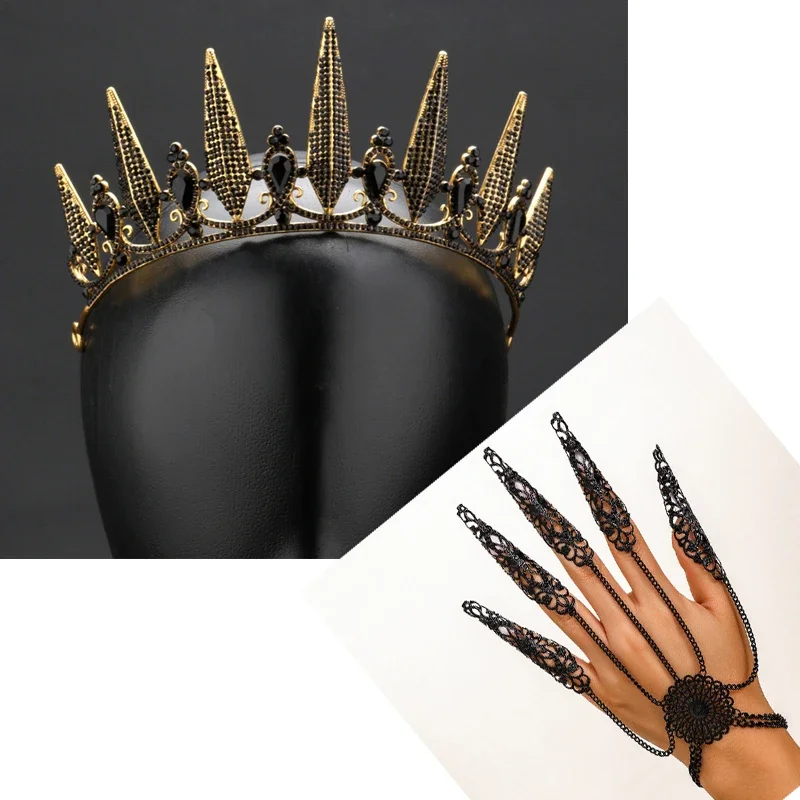 Black Crowns for Women Rhinestone Tiara Baroque Crown Wedding Headpiece Costume Party Accessories Punk Cone Nail Chain Ring