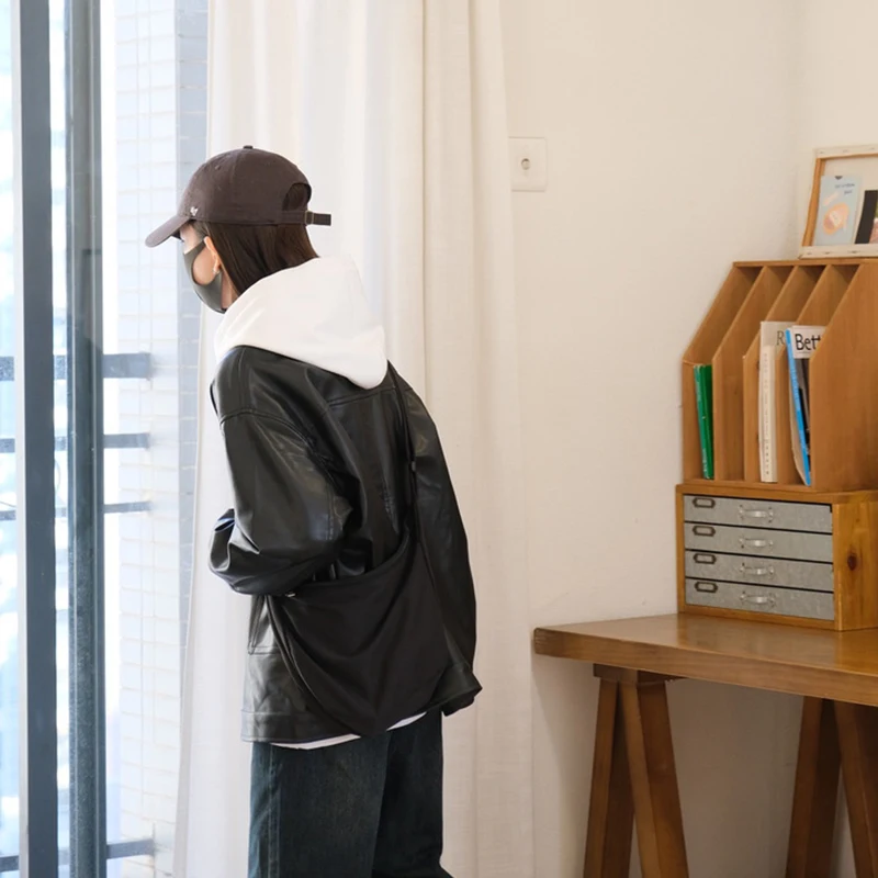 ティーエイヤーガールズ オートレザー ジャケット 多用途 秋用アウター ロングスリーブ スタンドカラー ルーズフィット レディース プレミアム品質