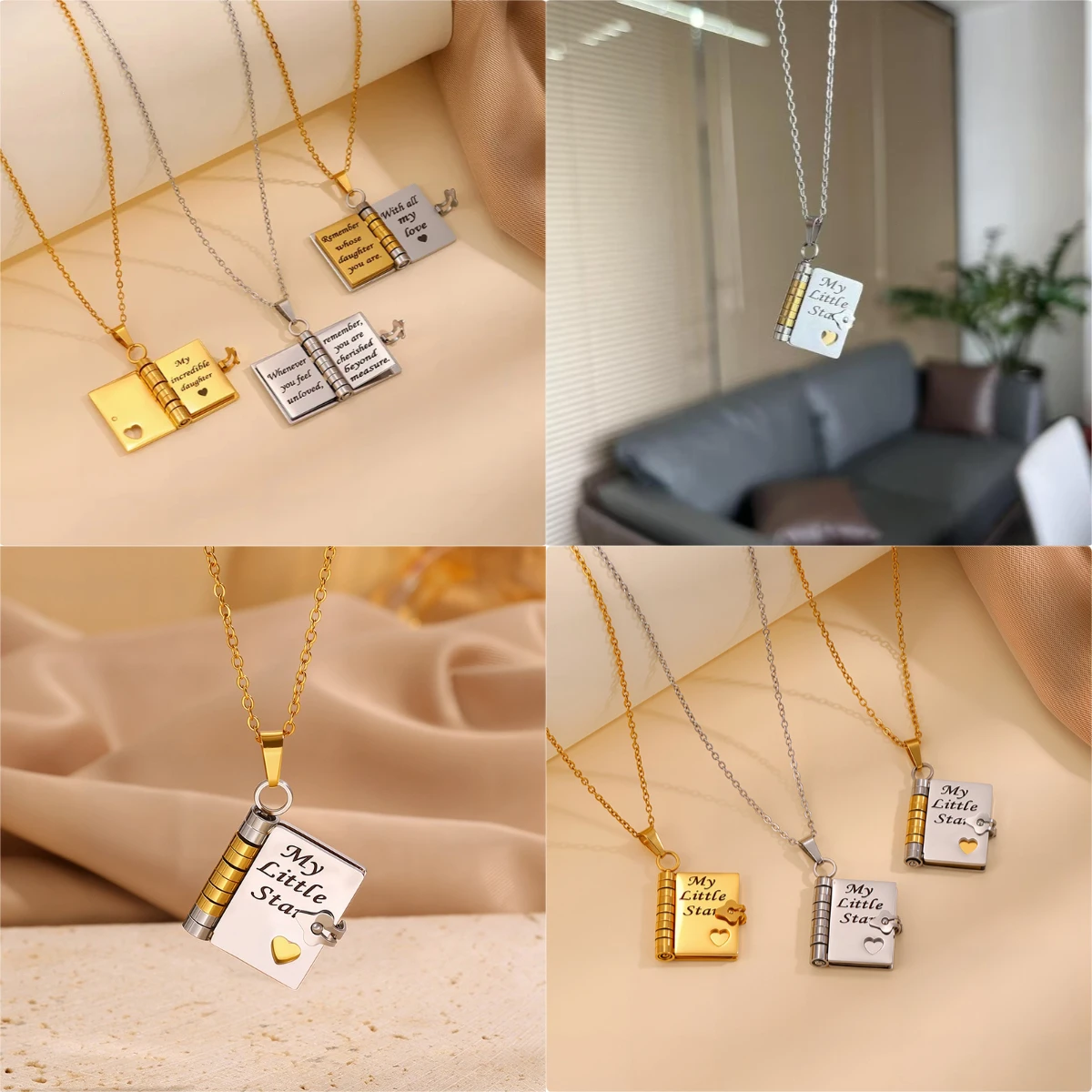 My Little Star Book Pendant Necklace for Daughter Openable Pages Engraved Letter Stainless Steel Necklace for Birthday Gift