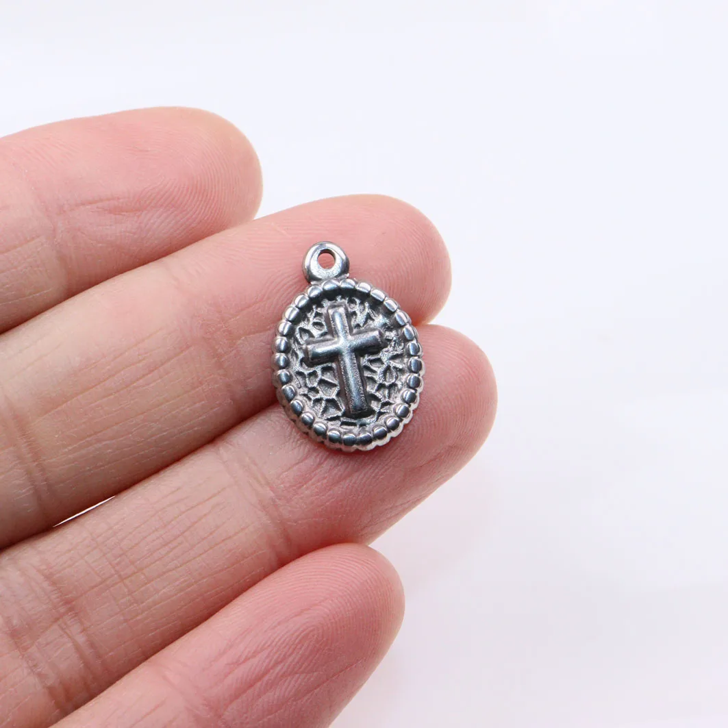 5pcs 15*12mm Wholesale Casting Stainless Steel Oval Cross Coin Charms Pendant DIY Necklace Earrings Bracelets Unfading Colorless