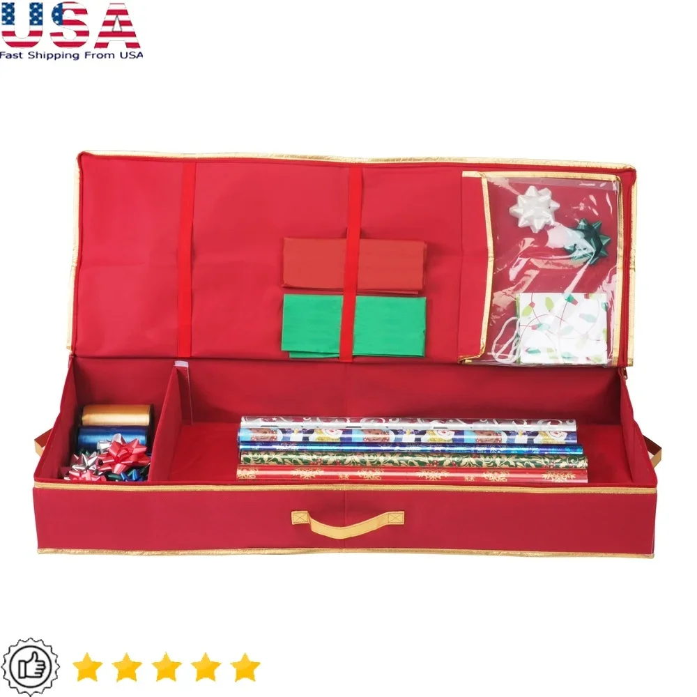 

Christmas Wrapping Paper Storage Box Organizer with Zipper Dustproof Holiday Crafts Container Bows Ribbons Accessories