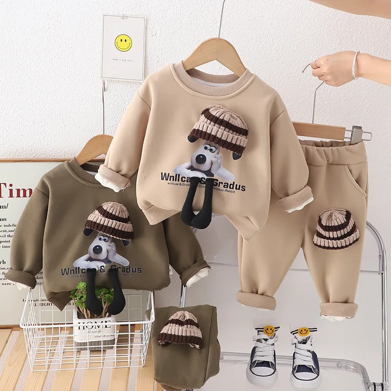 Toddler Boy Christmas Outfit Winter Set 2023 Childrens Cartoon Casual Plush Velvet Sweaters Pants Suits Baby Girl Infant Clothes