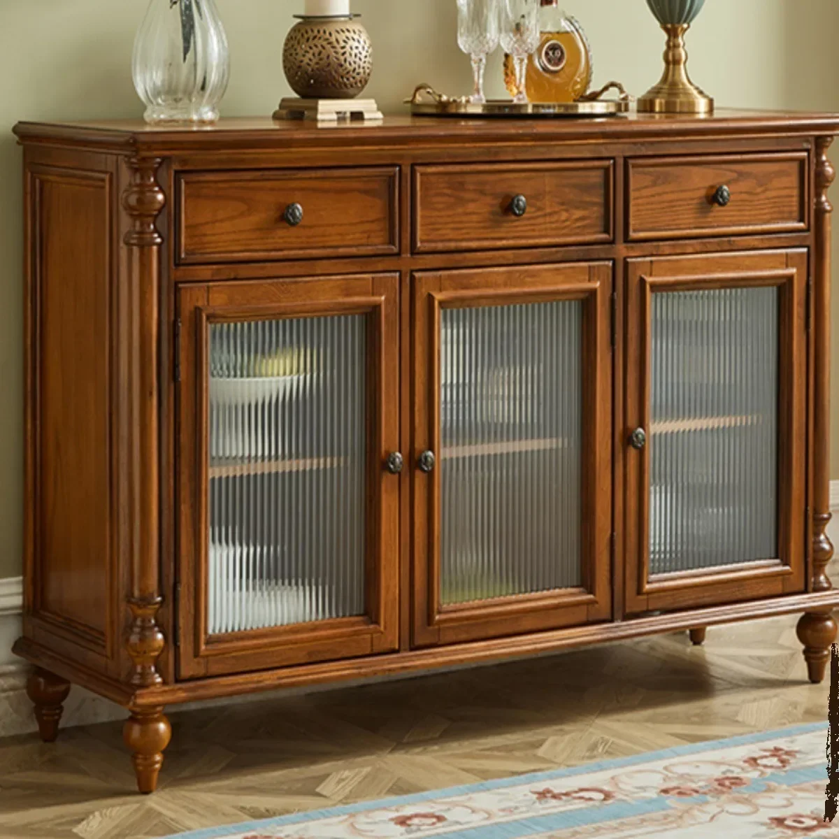 

North American solid wood dining sid e cabinet double-layer shelf agai nst the wall integ ated stora ge