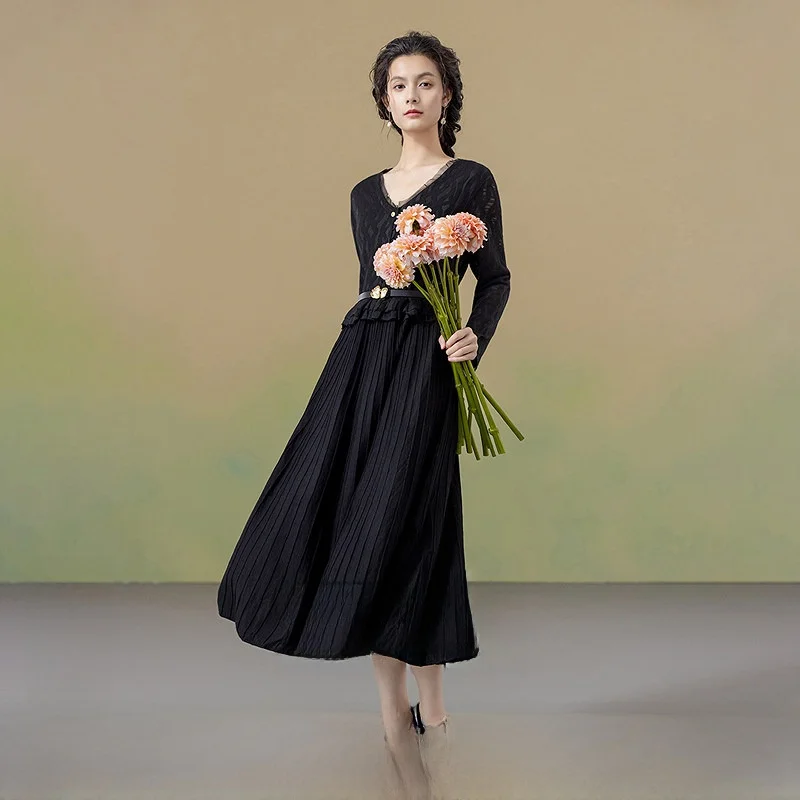 

Ele Knitted Long Dr Women's Slim Fit Hollow out Texture Spring New Arrival Wool Blend V Ne a Line Dr