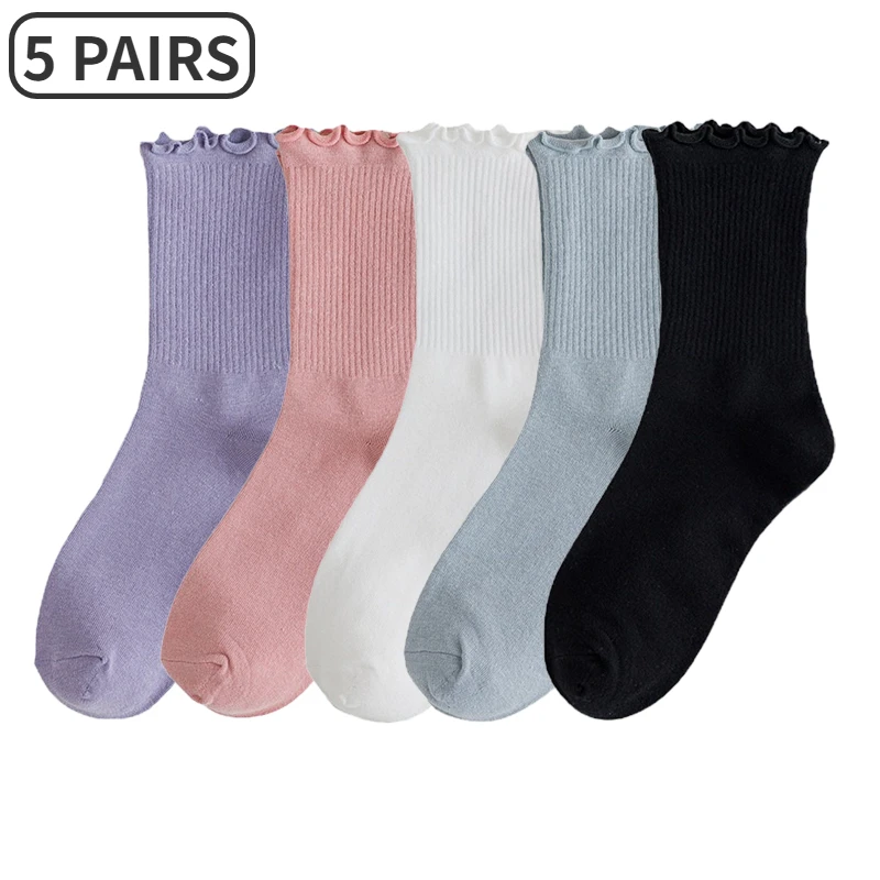 

5 Pairs/lot Long Socks Women Ruffle Lace Polyester Knitting Solid Color Stockings Breathable Mid Tube Cute Sock Autumn Winter