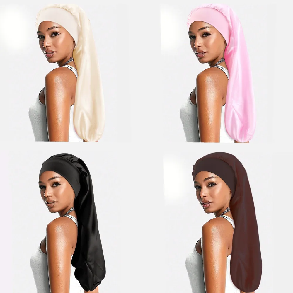 Soft Black Satin Hair Bonnet for Sleep & Shower - Elastic, Comfortable Wrap for Hair Protection and Style Preservation