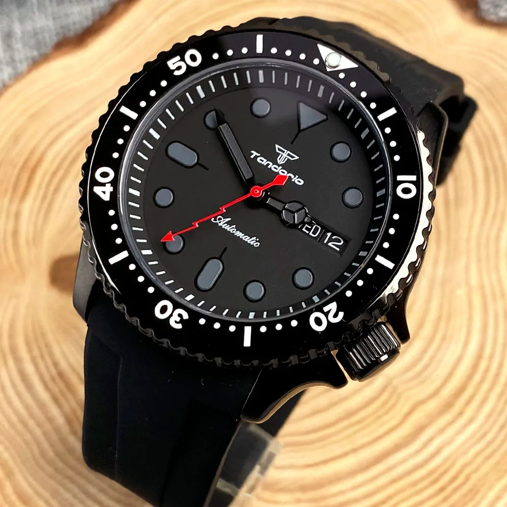 20ATM Diving Tandorio 41mm Japan NH36A Automatic Black PVD Case Mens Watch Sapphire Glass Luminous Rubber Strap Rotating Bezel