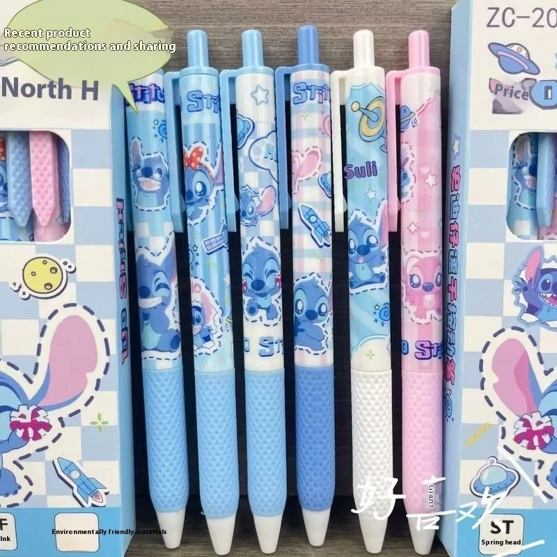 Stitch 6/12pcs Gel Pen Cartoon Set Disney Press Quick Drying 0.5mm Black Student Learning Office Stationery Teacher Reward Gift