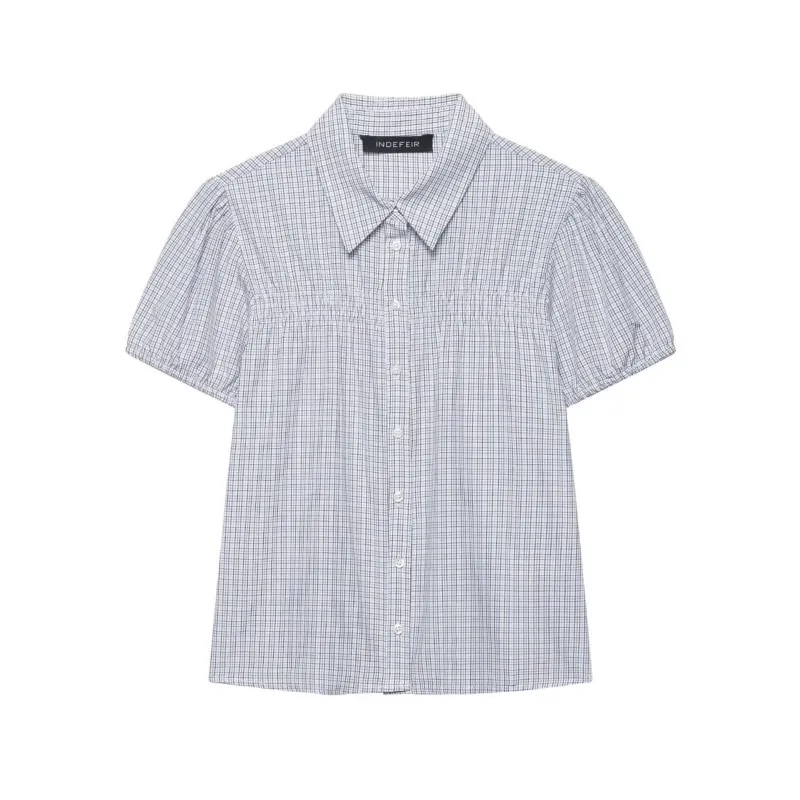 

Women's Plaid Shirt Spring Turn Down Collar Short Sleeve Fashion Blouses Casual Chest Elasticated Lady Vintage Shirts