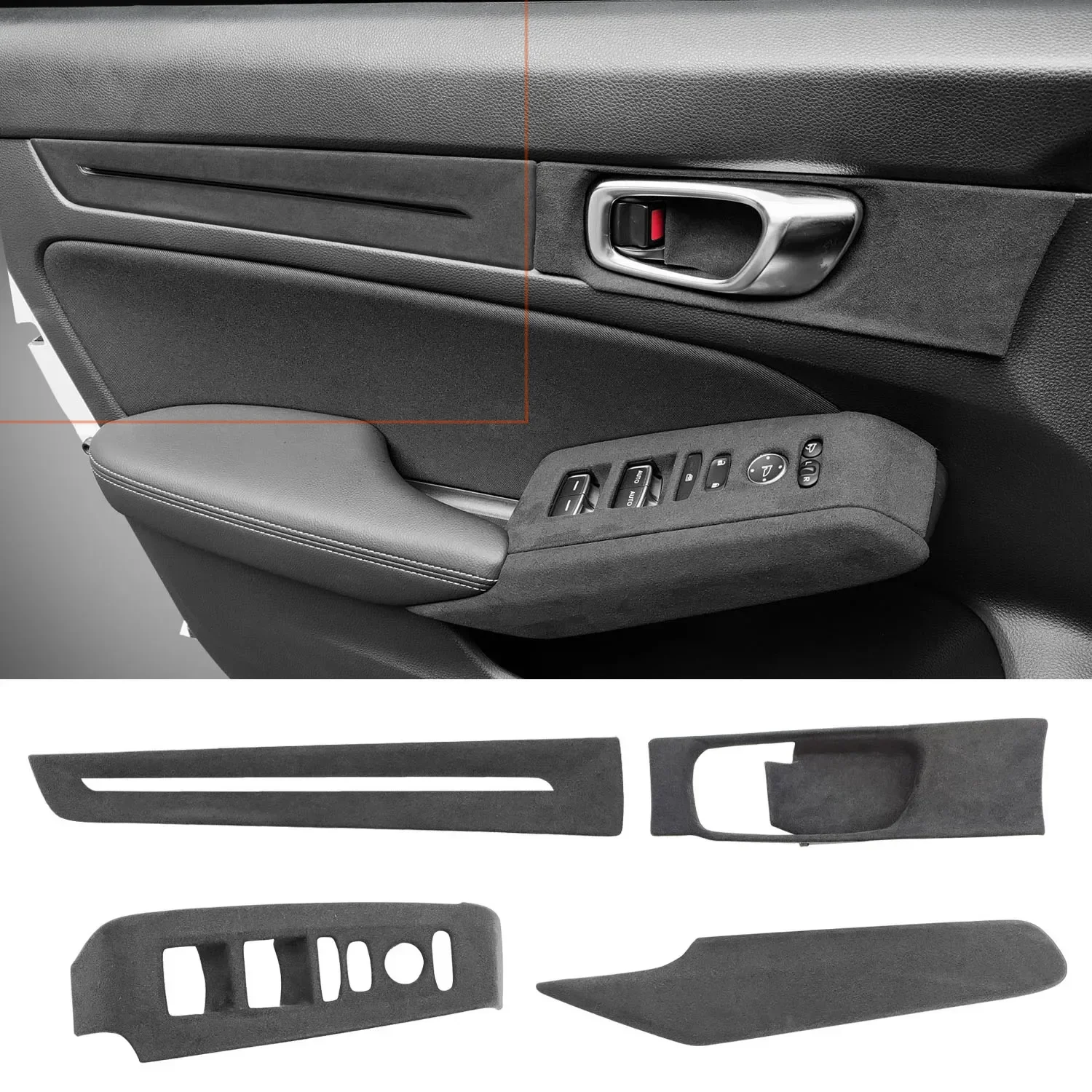 4PCS For HONDA CIVIC 11th Sedan 2022 2023 2024 Top Suede Interior Door Handle Bowl Frame Trim Stickers Covers Car Accessories