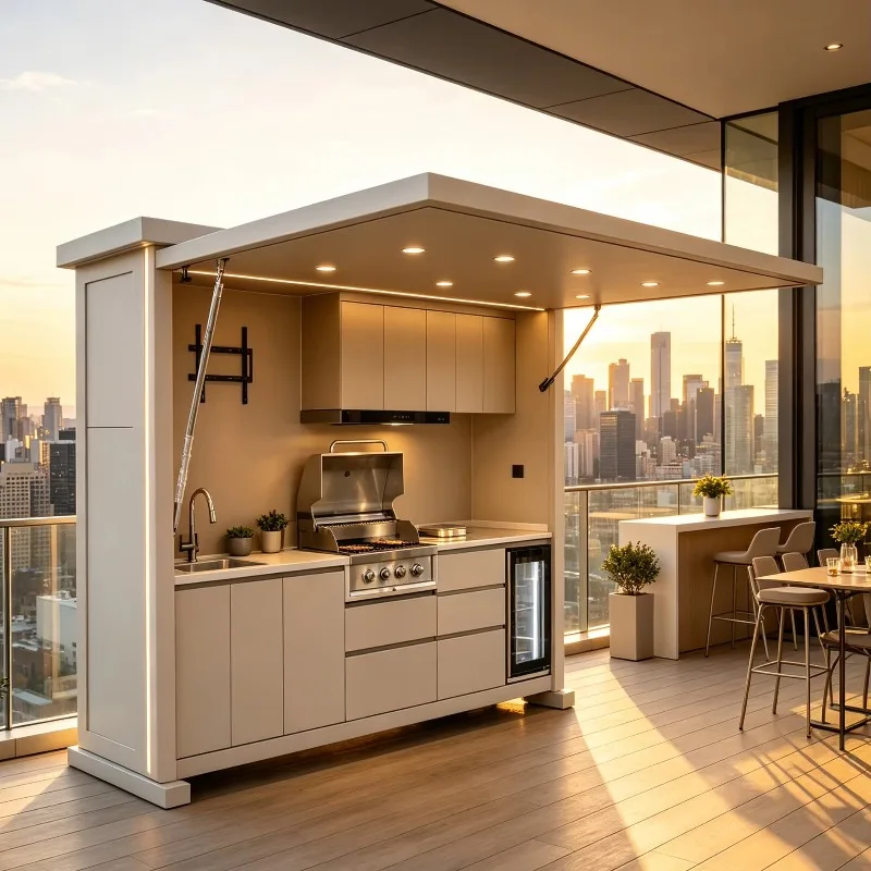 Space Saving Modern Cabinet Double Door Design And Drawer Basket Outdoor Kitchen Unit For Small Backyard Patio Grill