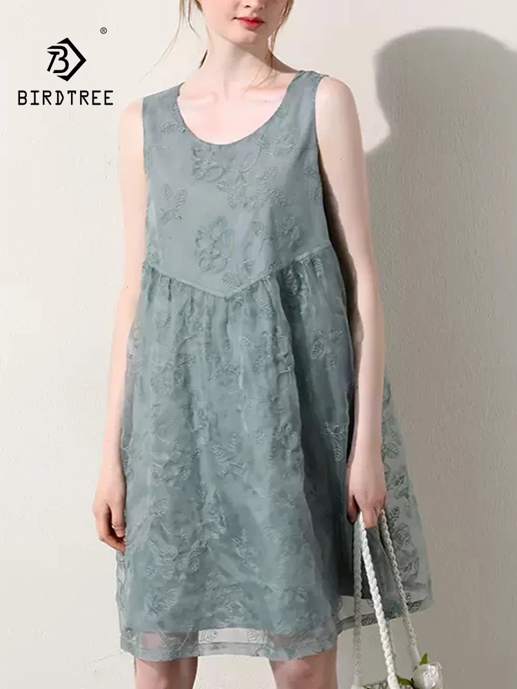 BirdTree, 100%Real Silk Organza Dress, Women Sleeveless O Neck Embroidery, Vacation Sweet Patry Dresses, 2024 Summer D45931QC