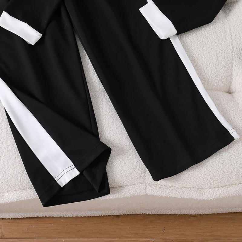 Teen Girls Black White Color Block Suit, Round Neck Pocket Decor Long Sleeve Blouse And Loose Straight Casual Trousers 6