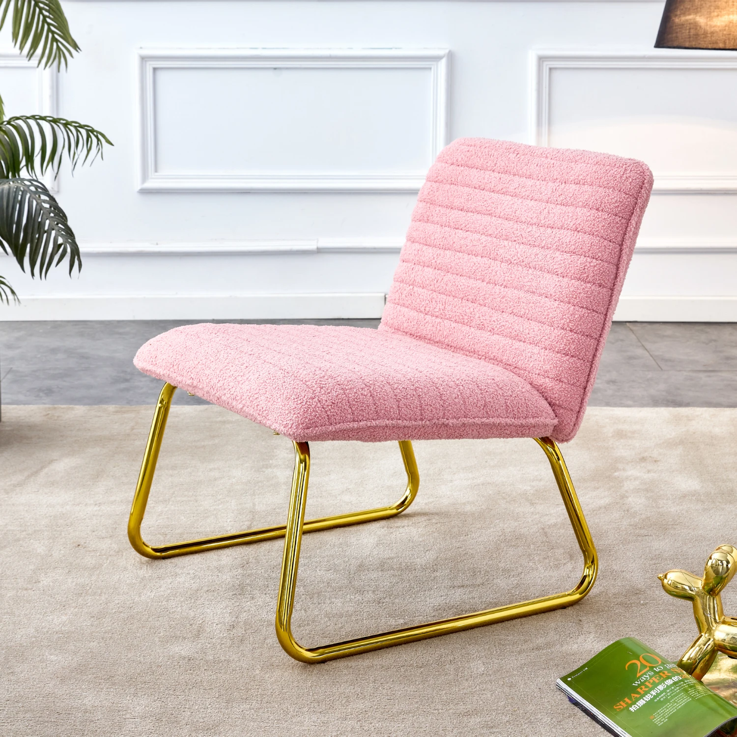 

Pink Plush Fabric Single Person Sofa Chair with Golden Legs - Modern Minimalist Design for Living Room, Bedroom, Club - Comforta