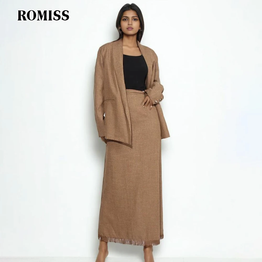 

ROMISS Solid Two Piece Sets For Women Lapel Long Sleeve Bandage Tops High Waist Loose Raw Hem Maxi Skirt Casual Set Female New