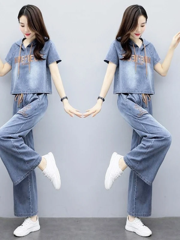 Retro Hong Kong Style Women's Denim Wide Leg Pants Set Slimming Summer 2026 New Fashion Two Piece Set Casual Comfortable