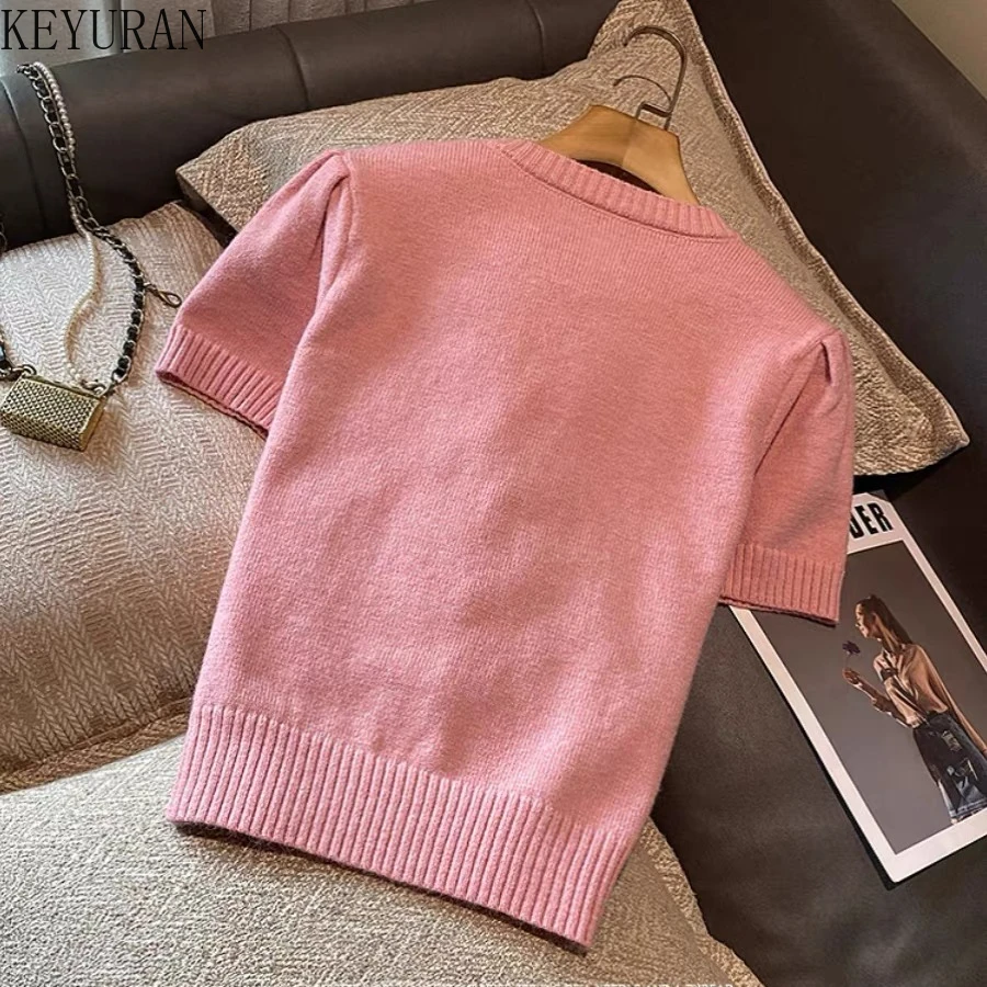 2024 Srping Summer Star Embroidery Diamonds Sweater Women Pullover Vintage Short Sleeve O-Neck Knitwear Tops Jumper Pull Femme