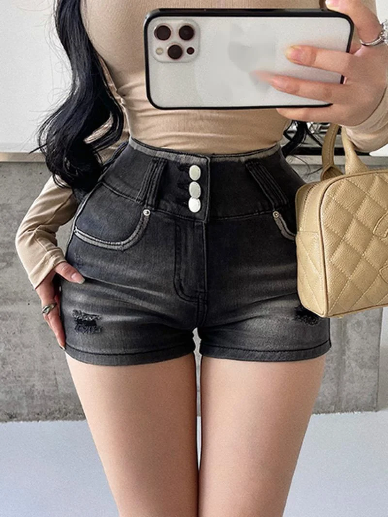 2024 Summer New High Waisted Three Button Slim Lifting Buttock Denim Shorts Women Spicy Girl High Elastic Sexy Shorts 56UI