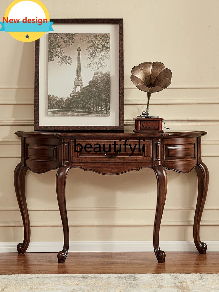 

A139 Entryway Table Black Walnut Solid Wood Half Round Offering Table Wall-Mounted Hallway Entryway Cabinet Back Table