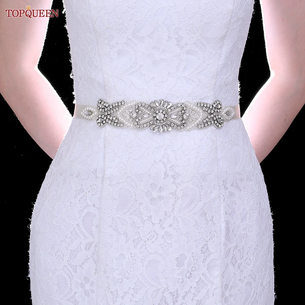 TOPQUEEN-cinturón con cuentas de diamantes de imitación S208 para novia, accesorios de boda, cinturones de vestir para mujer, cinturón champán para vestido de mujer, cinturón blanco