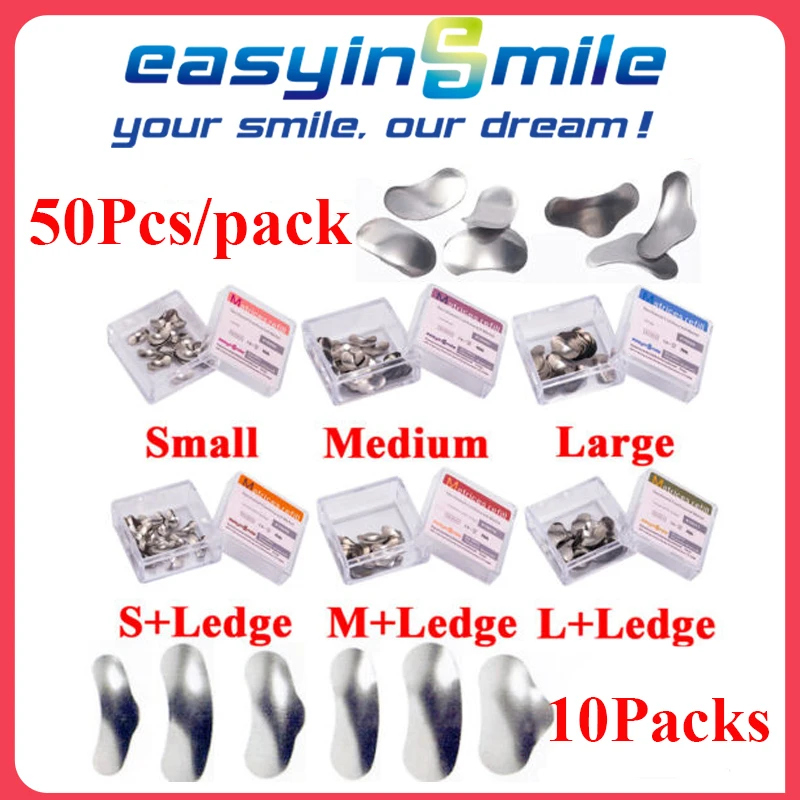 

EASYINSMILE Dental Metal Matrices Sectional Contoured Refill Soft Matrix Bands 50μm With Ledge or Without S/M/L 10Pks 50Pcs/pack