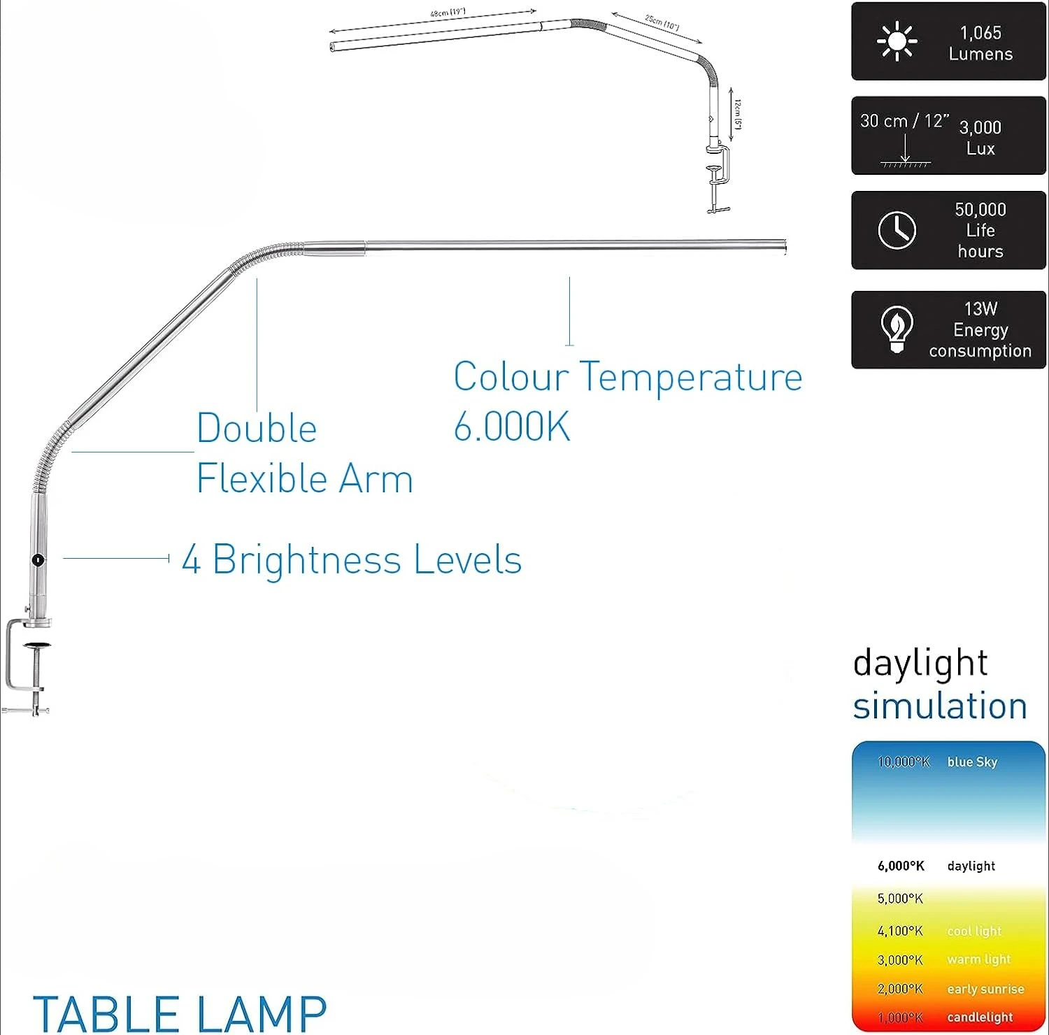 Table lamp - LED - Eye-friendly - 4 brightness levels, 3,000 lux at 30 cm, 1,065 lumens