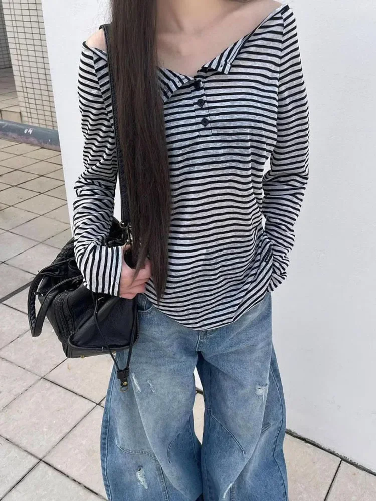 

Новинка 2023 года, женская футболка в корейском стиле Y2k, тонкие черные, белые полосатые топы, Mujer, японская винтажная повседневная футболка