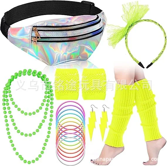 90er-Jahre-Outfit-Zubehör, 80er-Jahre-Cosplay-Kostüm-Zubehör-Set, typischer schulterfreier Netz-Hemd-Anzug für Bühnenauftritte