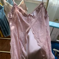 Satin Suspender Nightgown With Buttons Sexy Female Sleep Dress Summer Lace Chemise Sleepwear Patchwork Kimono Dressing Gown - Image 4