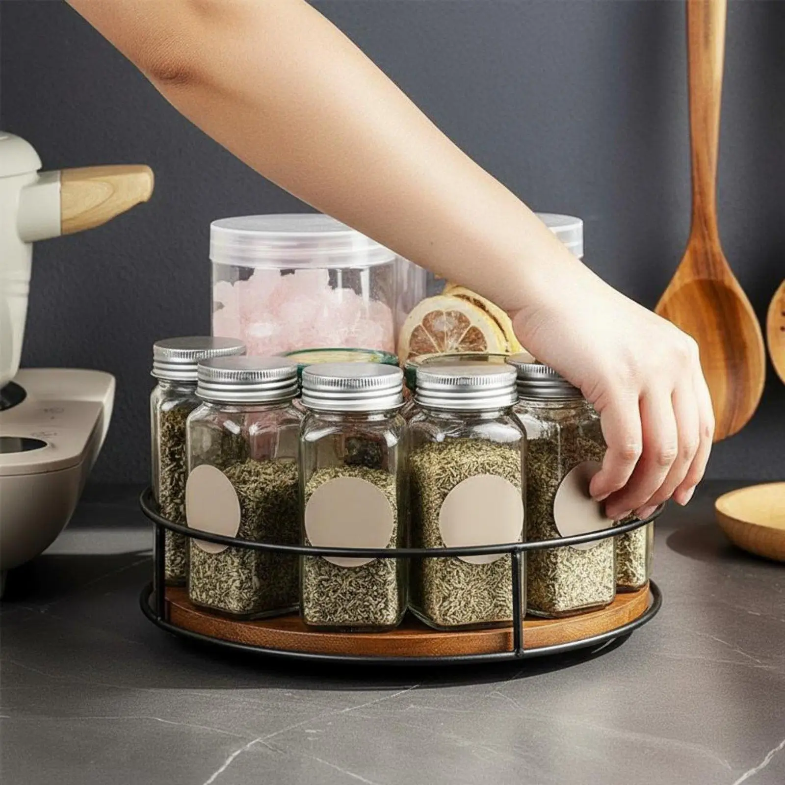 Wooden Turntable Organizer Smooth Rotation with Steel Railing for Pantry