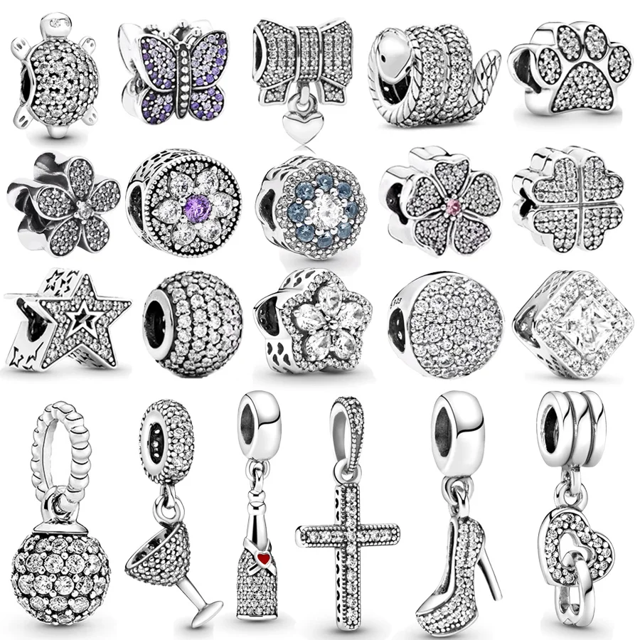 Hot Sale Sparkling Clover Paw Print Snake & Cocktail Glass Charm Jewelry Beads Fit Original Pandora 925 Sterling Silver Bracelet