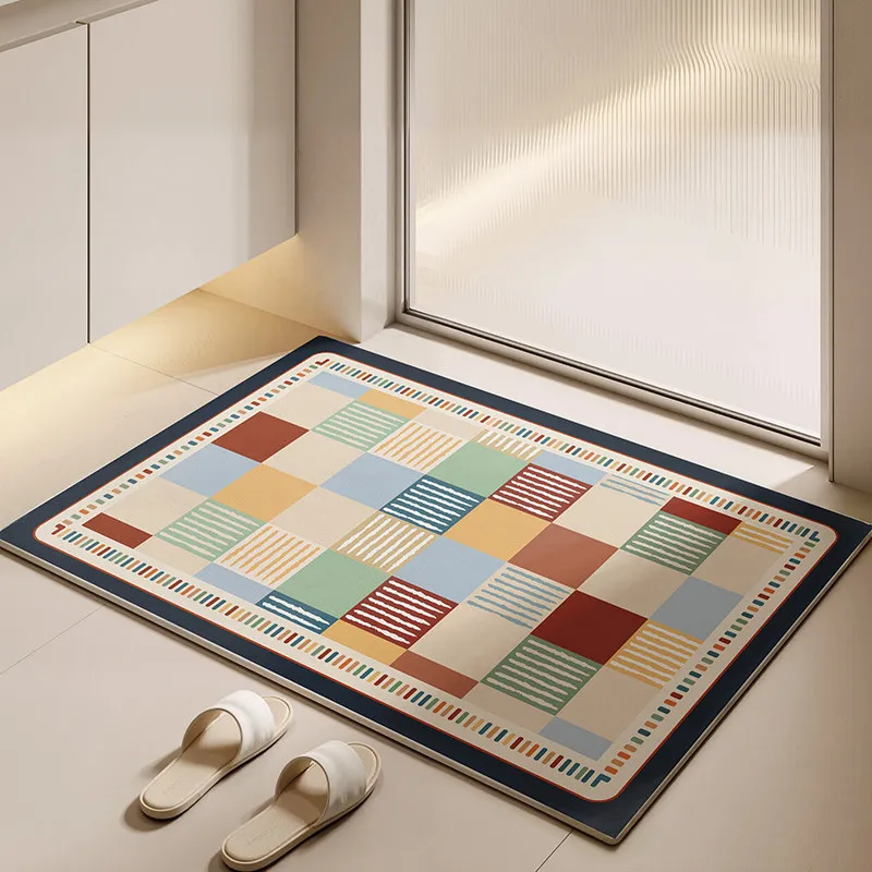 Modern Contrast Checkerboard Bath Mat Non-Slip PVC Absorbent Rug for Bathroom & Kitchen