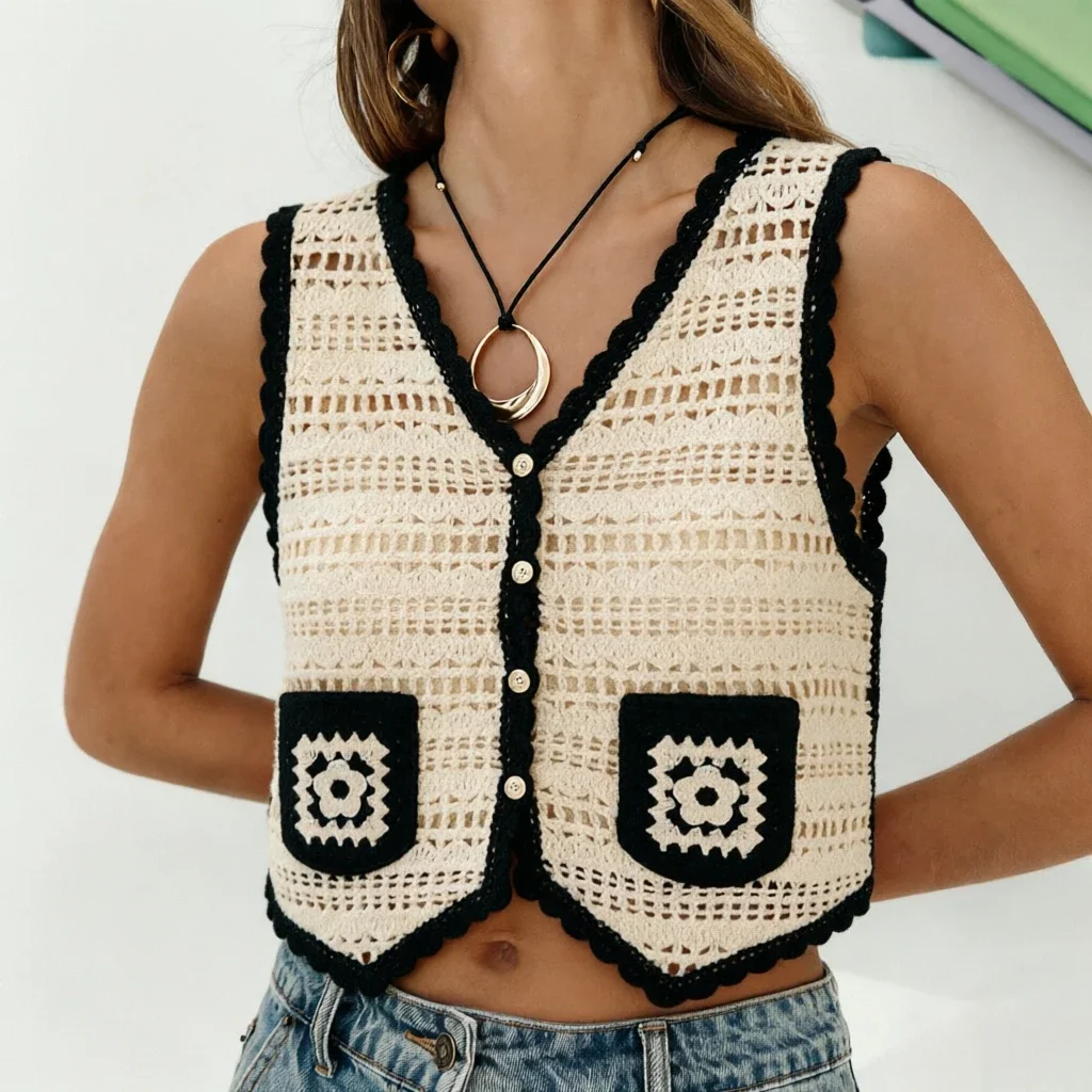 Women's Boho Crochet Vest Contrast Trim Button Up Open-knit Crop Top Waistcoat Top Summer Retro Boho Vacation Outfit