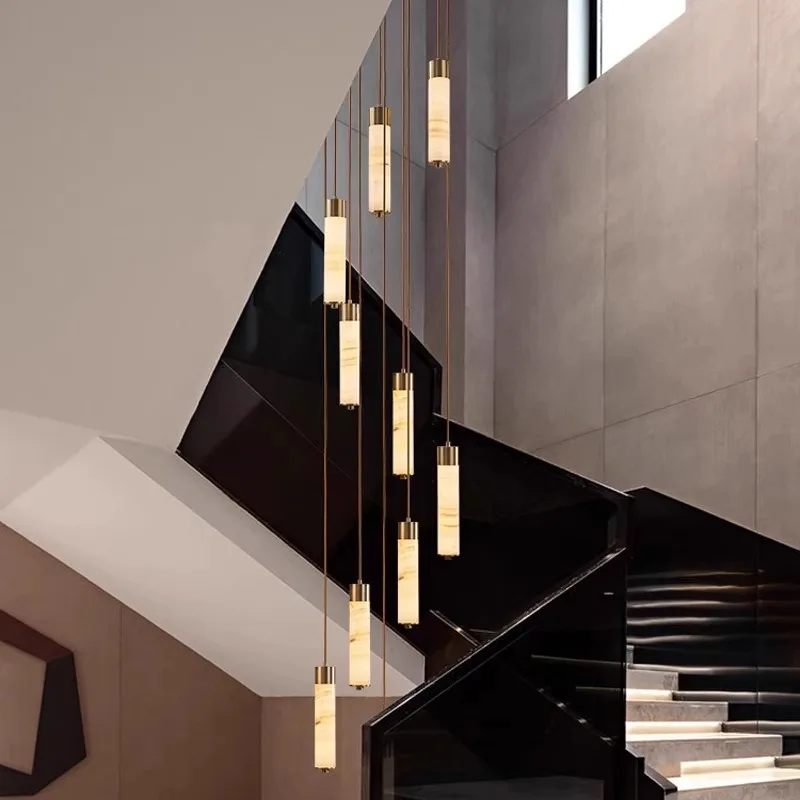 

Длинный подвесной светильник Villa, современный новый лофт-дуплекс, высотная вращающаяся лестница, мраморный полностью медный подвесной светильник