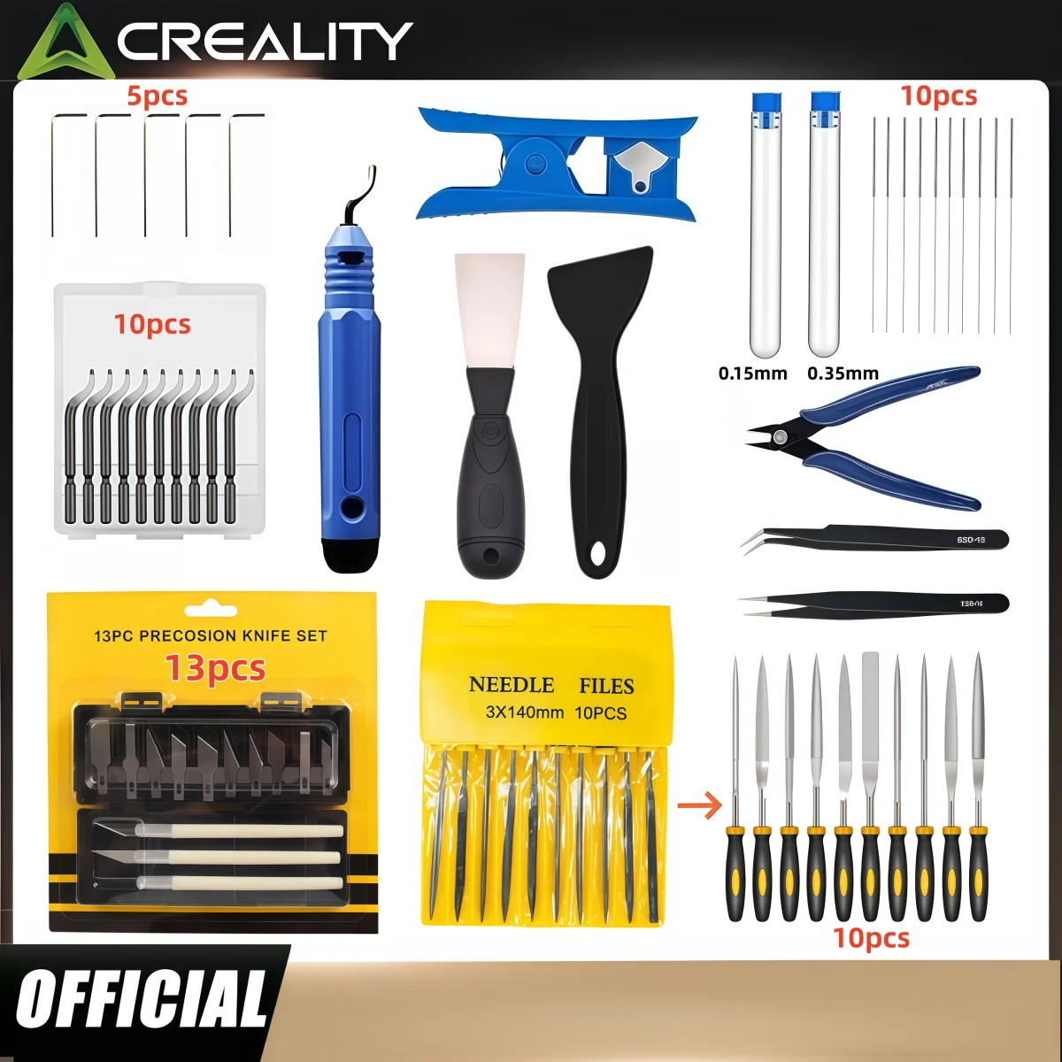 Kit d'Outils Creality pour Imprimante 3D FDM/SLA – Nettoyeur de Buse, Grattoir, Pinces, Lime et Outils de Gravure pour l’Entretien